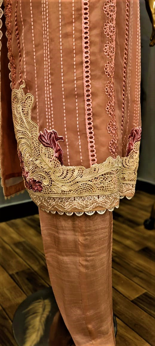 3 Piece Suit - Baby Pink Colour - COLOUR LAWN, EMBROIDERY SHIRT (NECK, SLEEVES, BACK)- LAWN  TROUSERS & EMBROIDERY NET DUPATTA