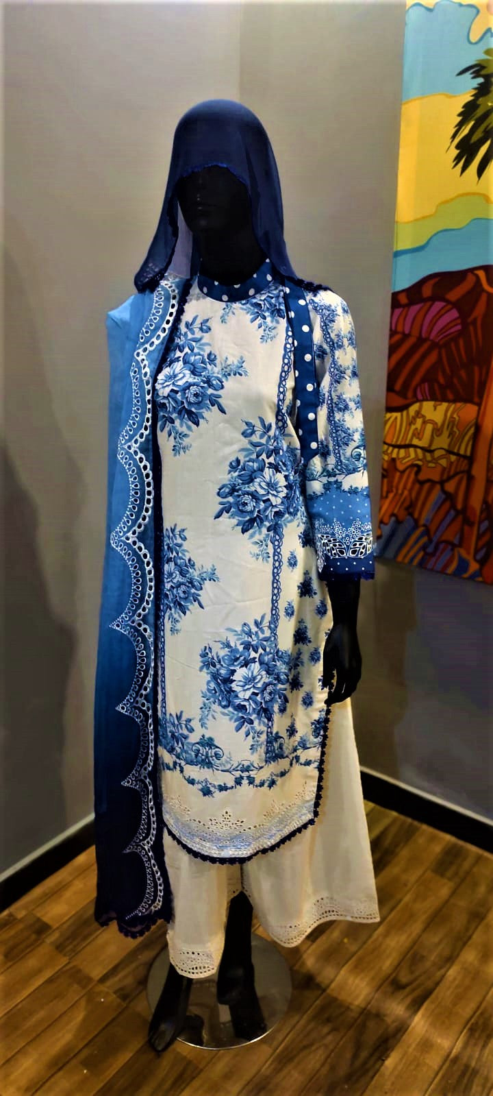 Ready to Wear- 3 Piece -Blue Colour Lawn ,  Embroidery  Shirt  & Crinkle Dupatta