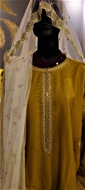 Ready to Wear- 3 Piece -Mustard Color Lawn ,  Embroidery Neck, Sleeves with Pockets & Organza Dupatta