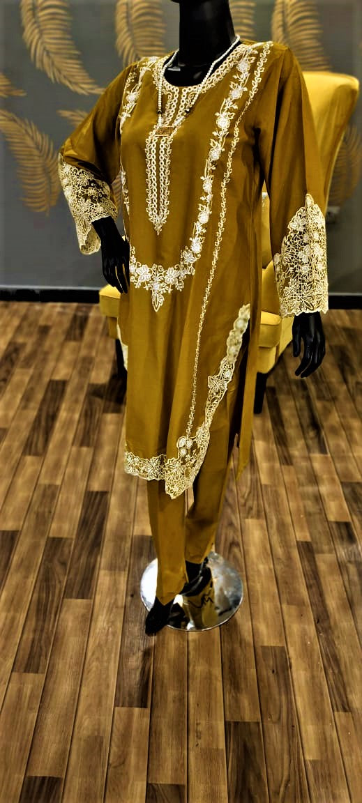 Ready to Wear- 2 Piece -Mustard Color Lawn ,  Embroidery Shirt and Lawn Trousers