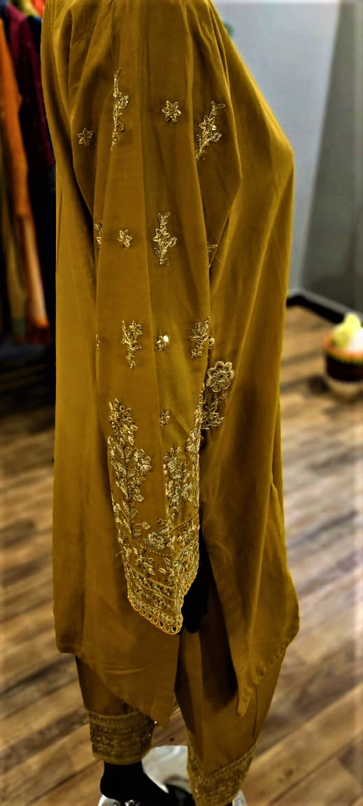 Ready to Wear- 3 Piece -Mustard Color Lawn ,  Embroidery Neck, Sleeves with Pockets & Organza Dupatta