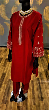 Ready to Wear- 2 Piece -Red Color Lawn Embroidered with Pockets  Stitched Suit.