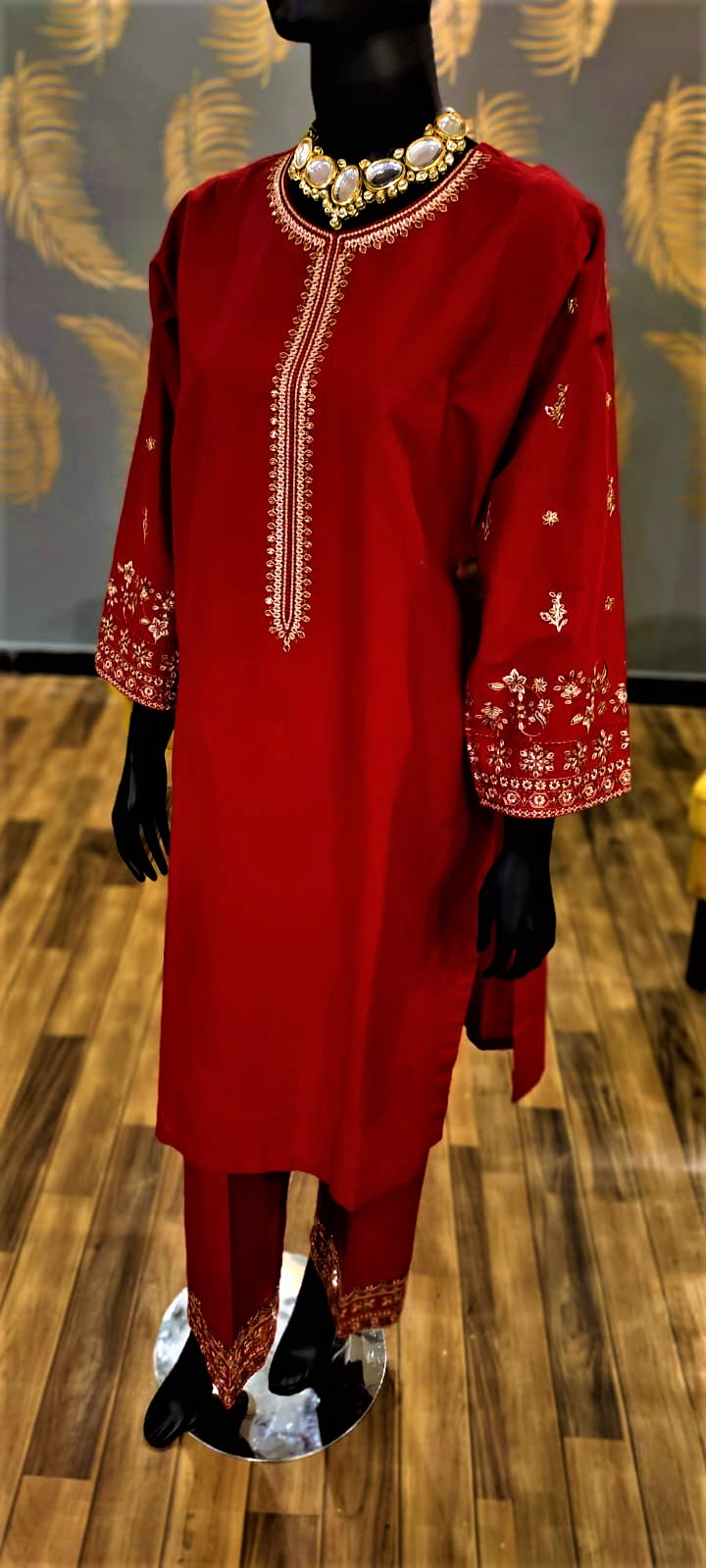 Ready to Wear- 2 Piece -Red Color Lawn Embroidered with Pockets  Stitched Suit.